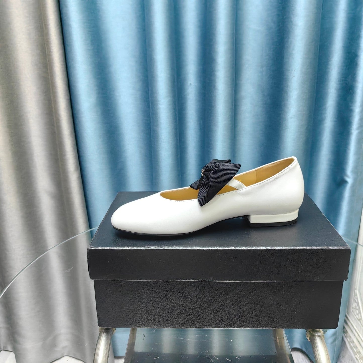 CHANEL MARY JANE SHOES WHITE SHEEPSKIN WITH BLACK BOW