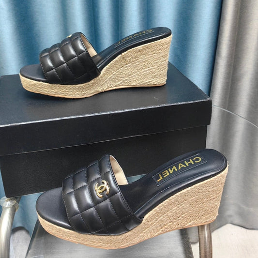 CHANEL WEDGE BLACK SHEEPSKIN