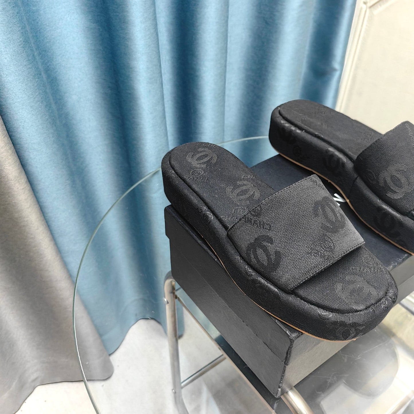 CHANEL THICK-SOLE SLIPPERS BLACK SATIN