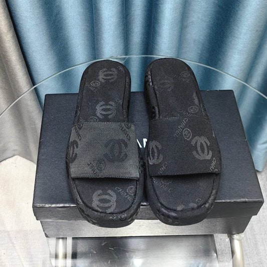 CHANEL THICK-SOLE SLIPPERS BLACK SATIN