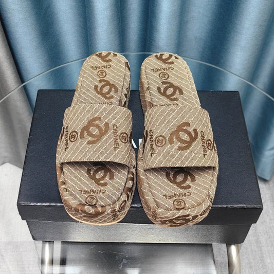 CHANEL THICK-SOLE SLIPPERS PEANUT BROWN SATIN