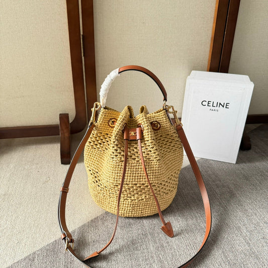 CELINE CLARA CLASSIC PANIER 25 IN BEIGE RAFFIA AND BROWN CALFSKIN