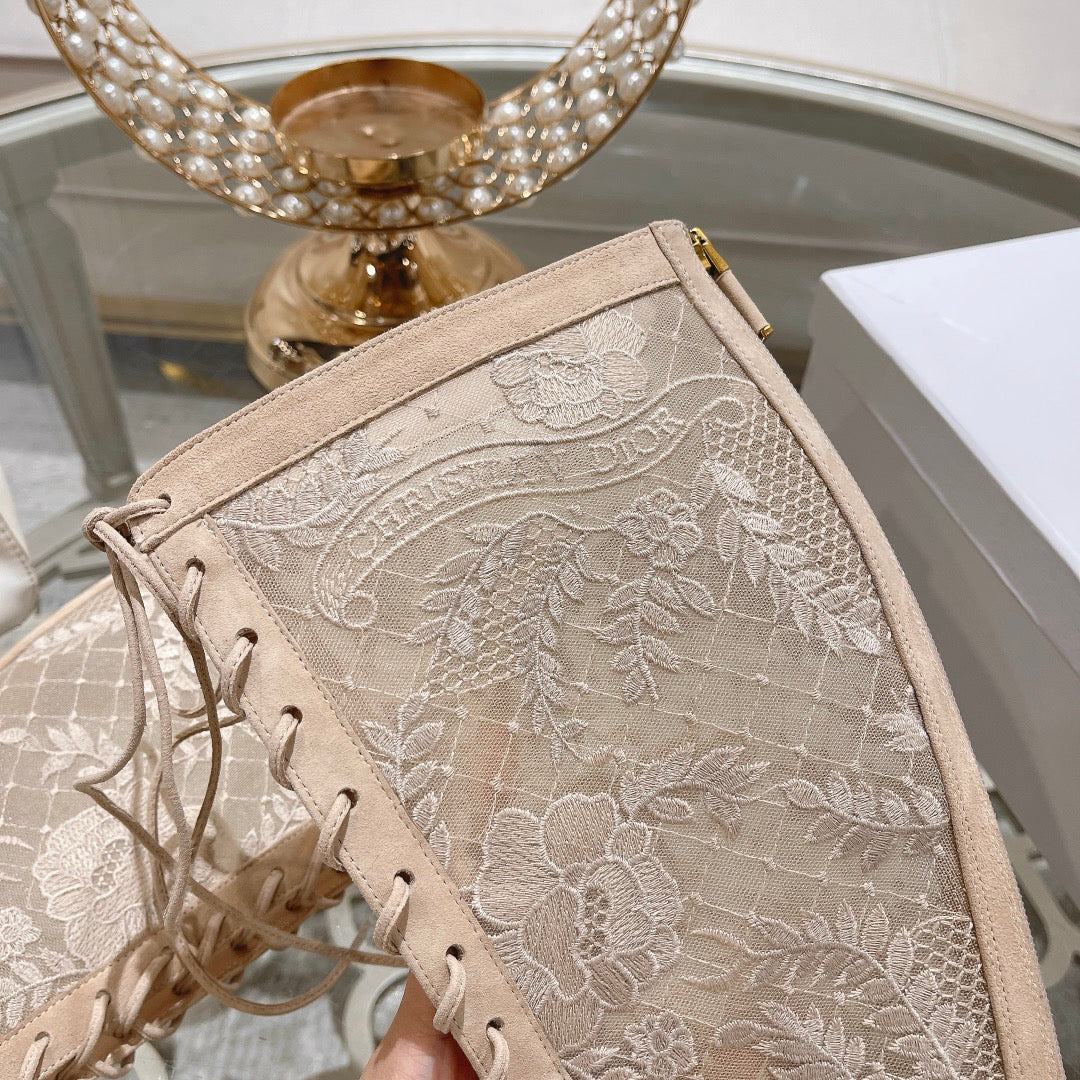 DIOR NAUGHTILY-D BOOT NUDE BEIGE TRANSPARENT MESH AND SUEDE EMBROIDERED WITH ROSES MOTIF 35 MM