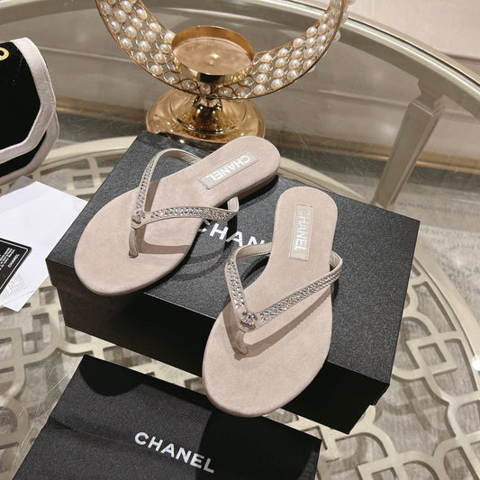 CHANEL RHINESTONES THONG SANDAL IN PALE PINK SUEDE