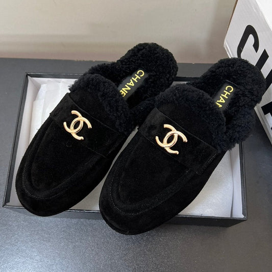 CHANEL LOAFERS MULE IN BLACK SUEDE AND FLEECE LINING