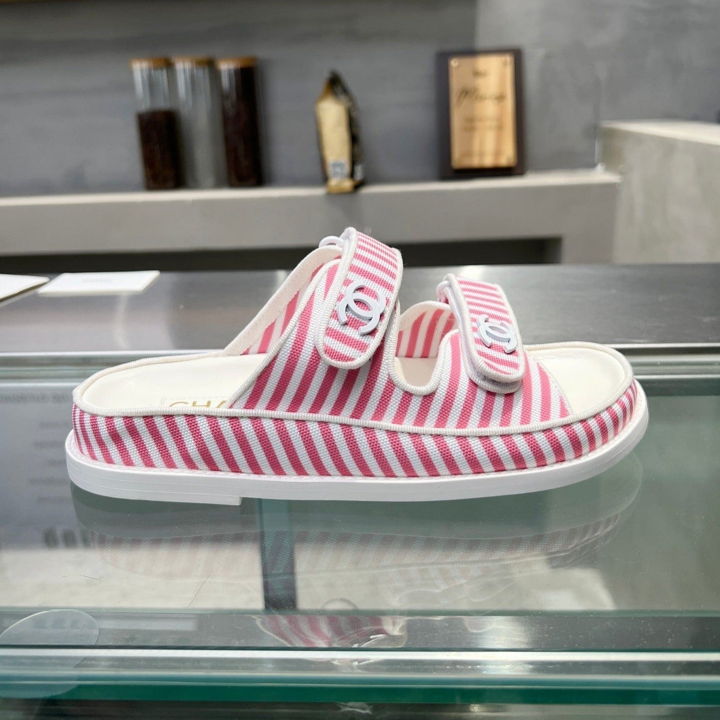 CHANEL Stripes Casual  Flat Sandals Light Pink White