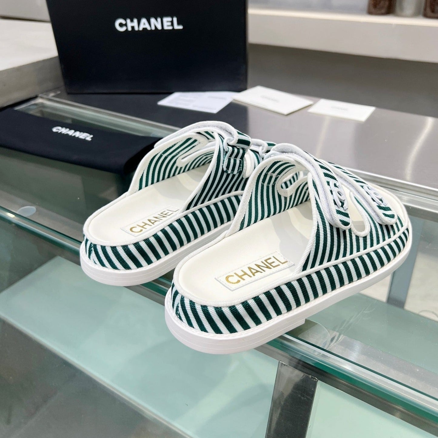 CHANEL Stripes Casual  Flat Sandals Jade Green White