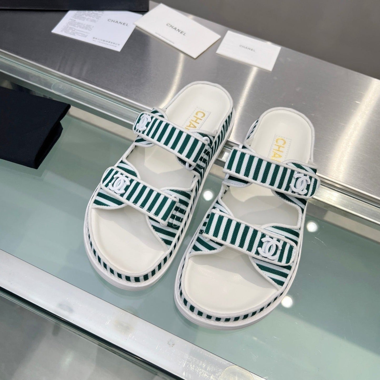 CHANEL Stripes Casual  Flat Sandals Jade Green White