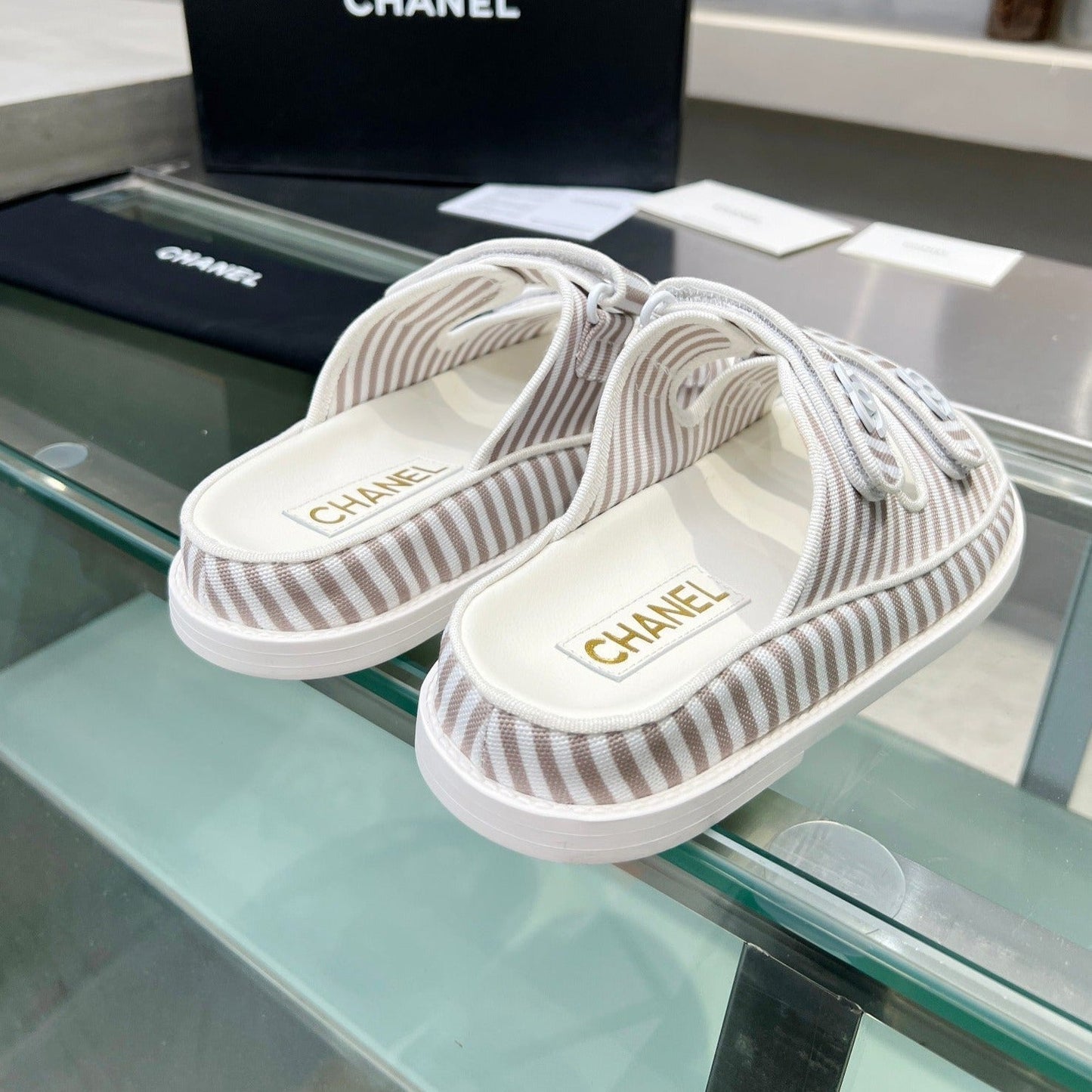 CHANEL Stripes Casual  Flat Sandals Gray White
