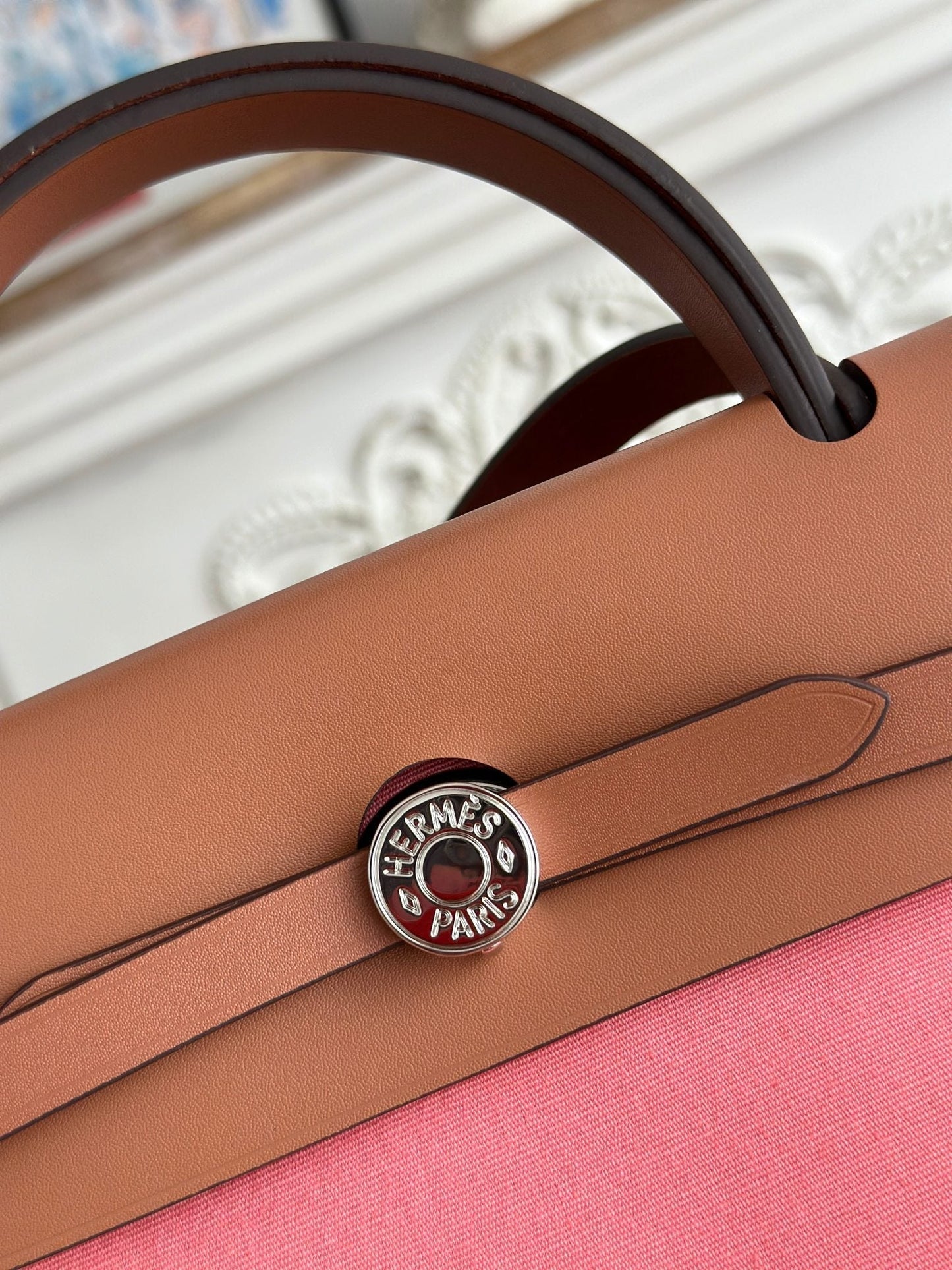 HERMES ZIP CABINE 31 BAG IN PUNCH PINK CANVAS AND BRONZE BROWN CALFSKIN