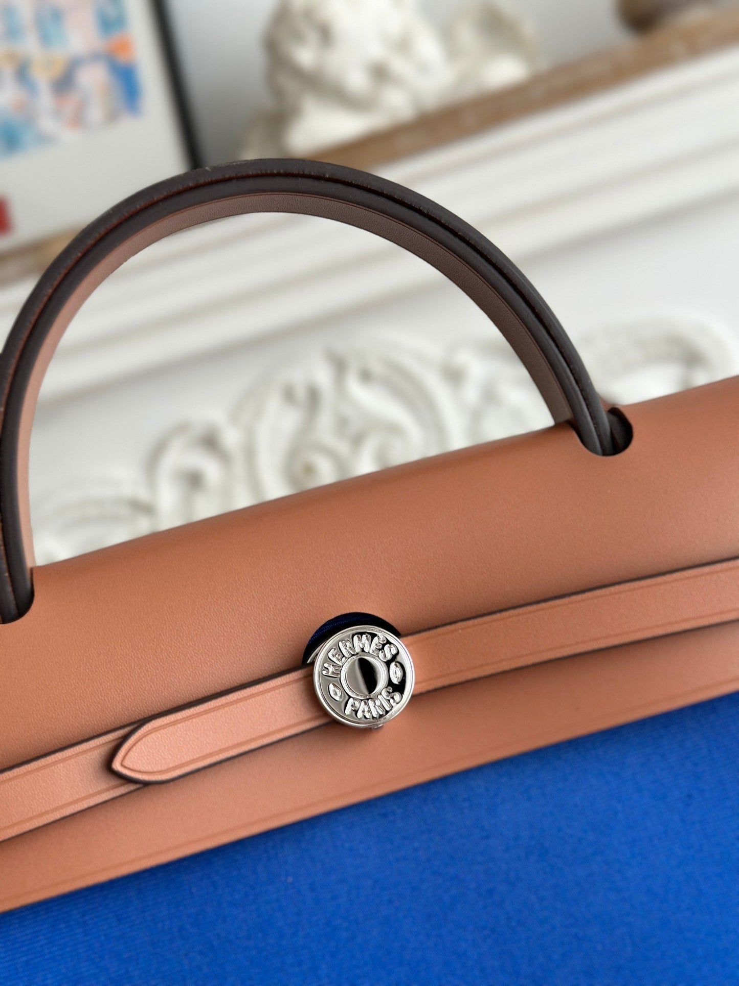 HERMES ZIP CABINE 31 BAG IN COBALT BLUE CANVAS AND BRONZE BROWN CALFSKIN