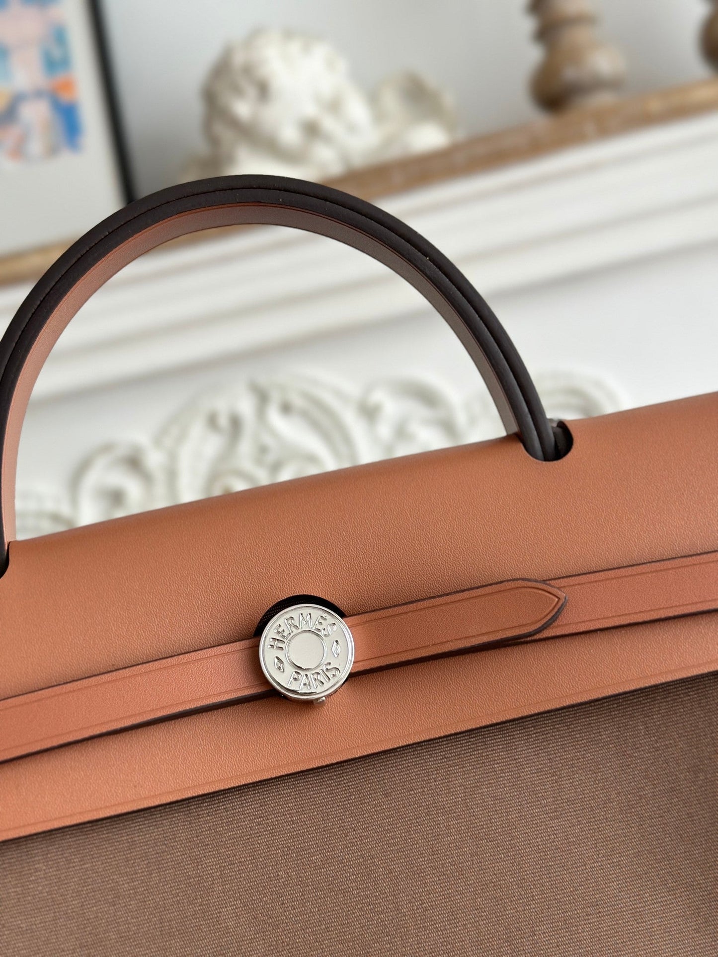 HERMES ZIP CABINE 31 BAG IN CHOCOLATE BROWN CANVAS AND BRONZE BROWN CALFSKIN