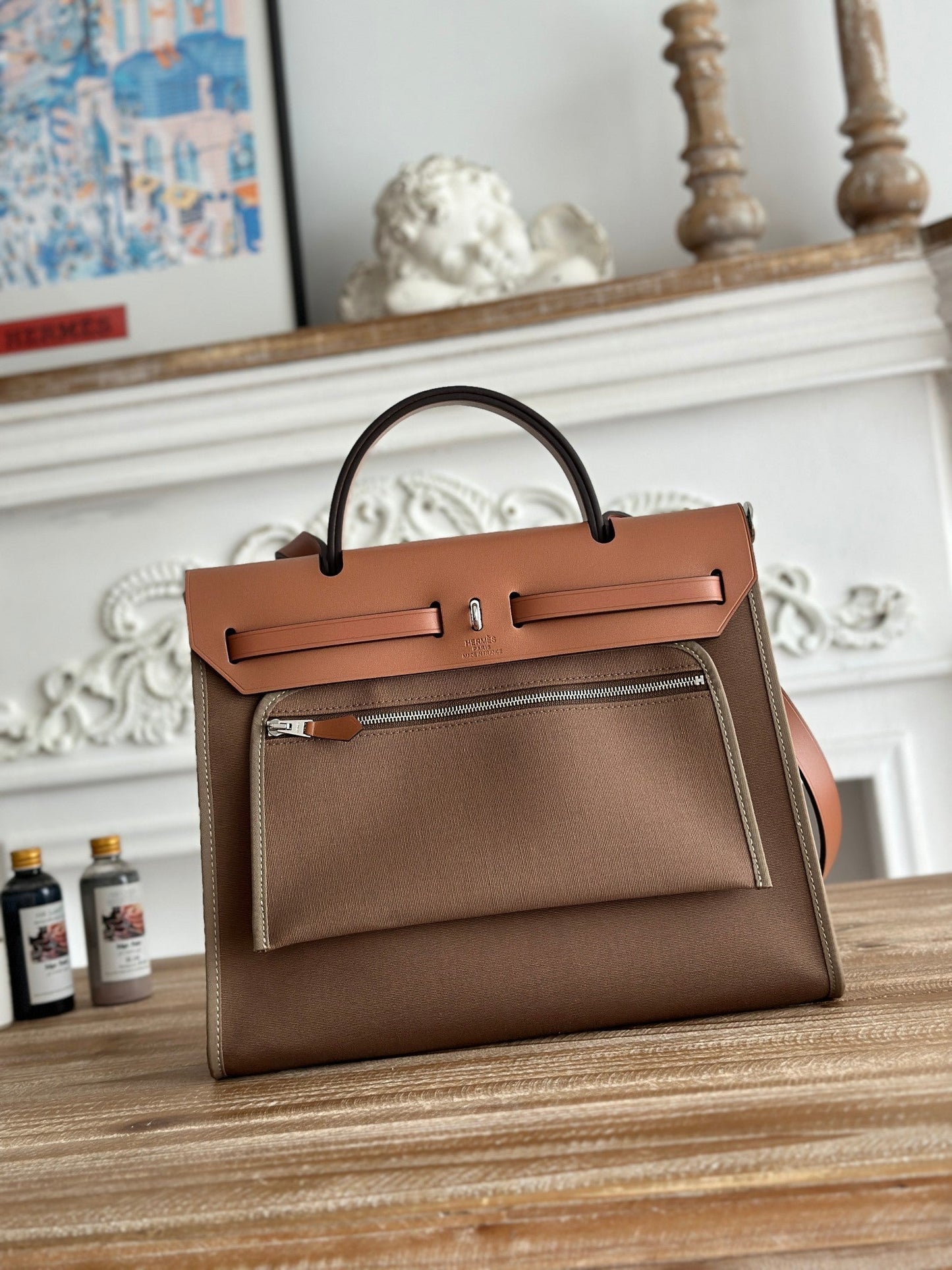 HERMES ZIP CABINE 31 BAG IN CHOCOLATE BROWN CANVAS AND BRONZE BROWN CALFSKIN