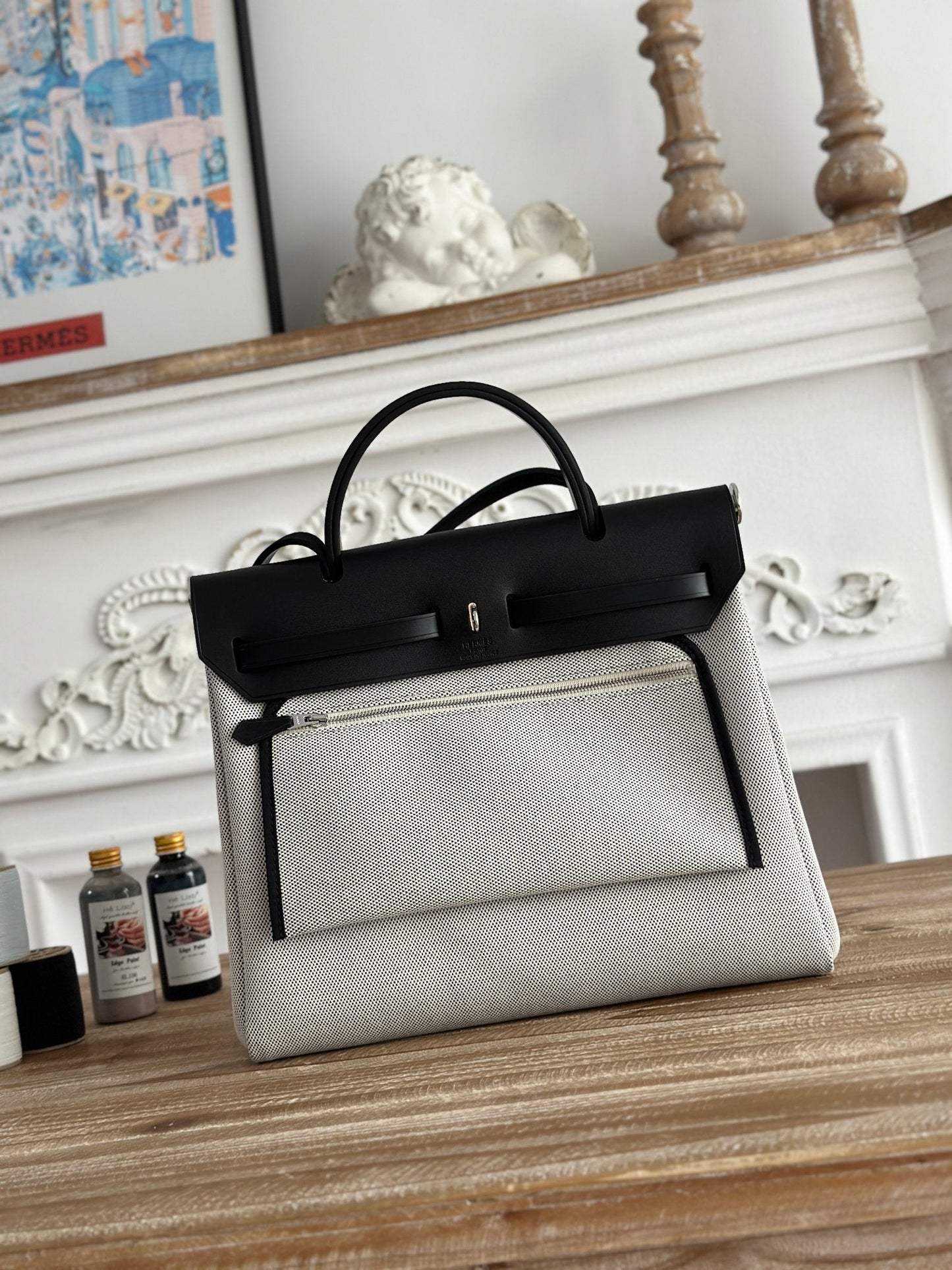 HERMES HERBAG ZIP 31 LAQUERED BAG IN OFF-WHITE MIX BLACK H PLUME CANVAS