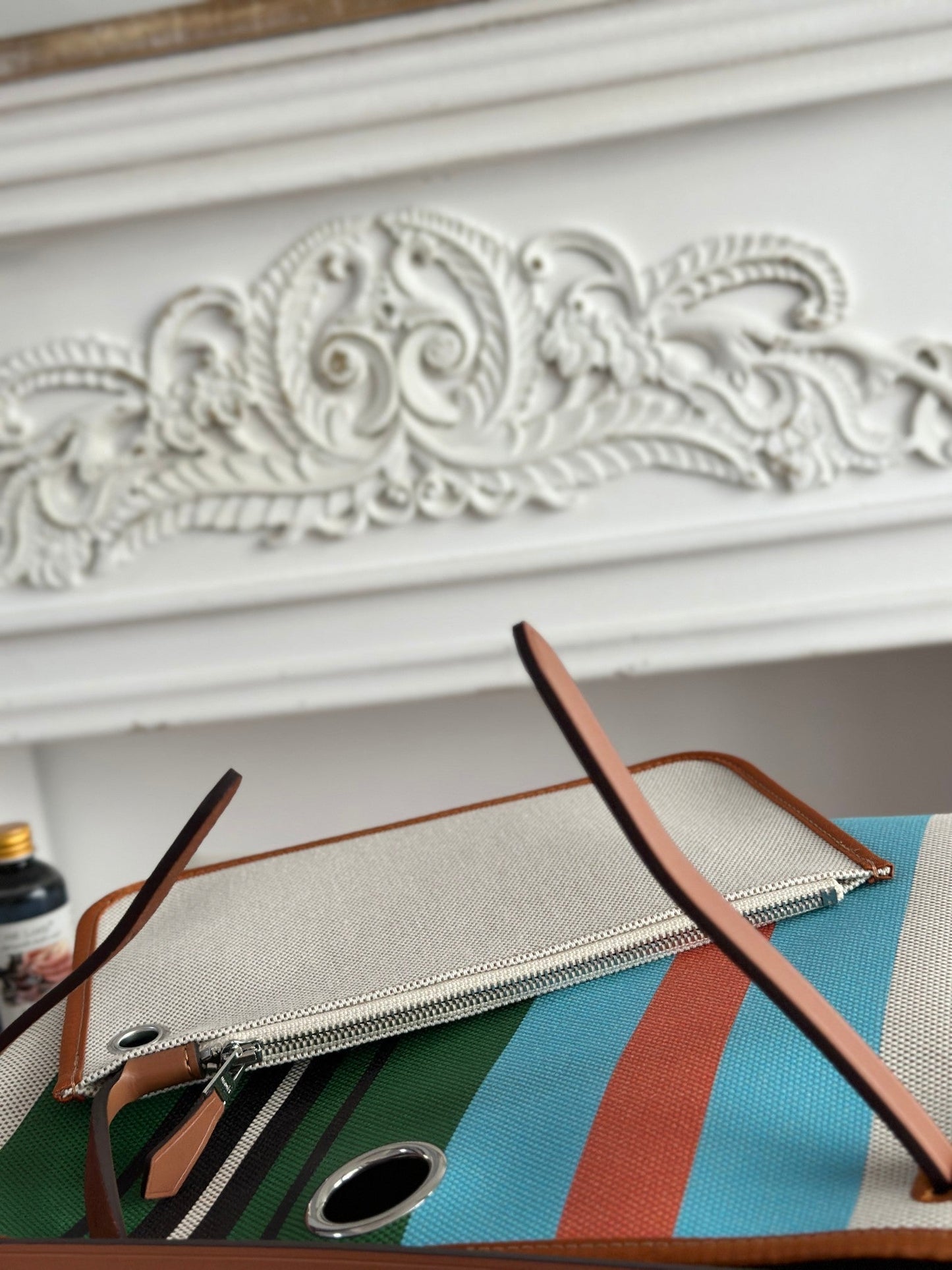 HERMES HERBAG ZIP 31 LAQUERED BAG IN GREEN MIX BLUE H PLUME CANVAS