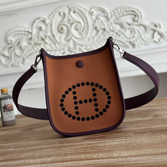HERMES MINI NEO 17 EVELYNE BAG IN BRONZE BROWN CANVAS AND PLUM PURPLE CALFSKIN