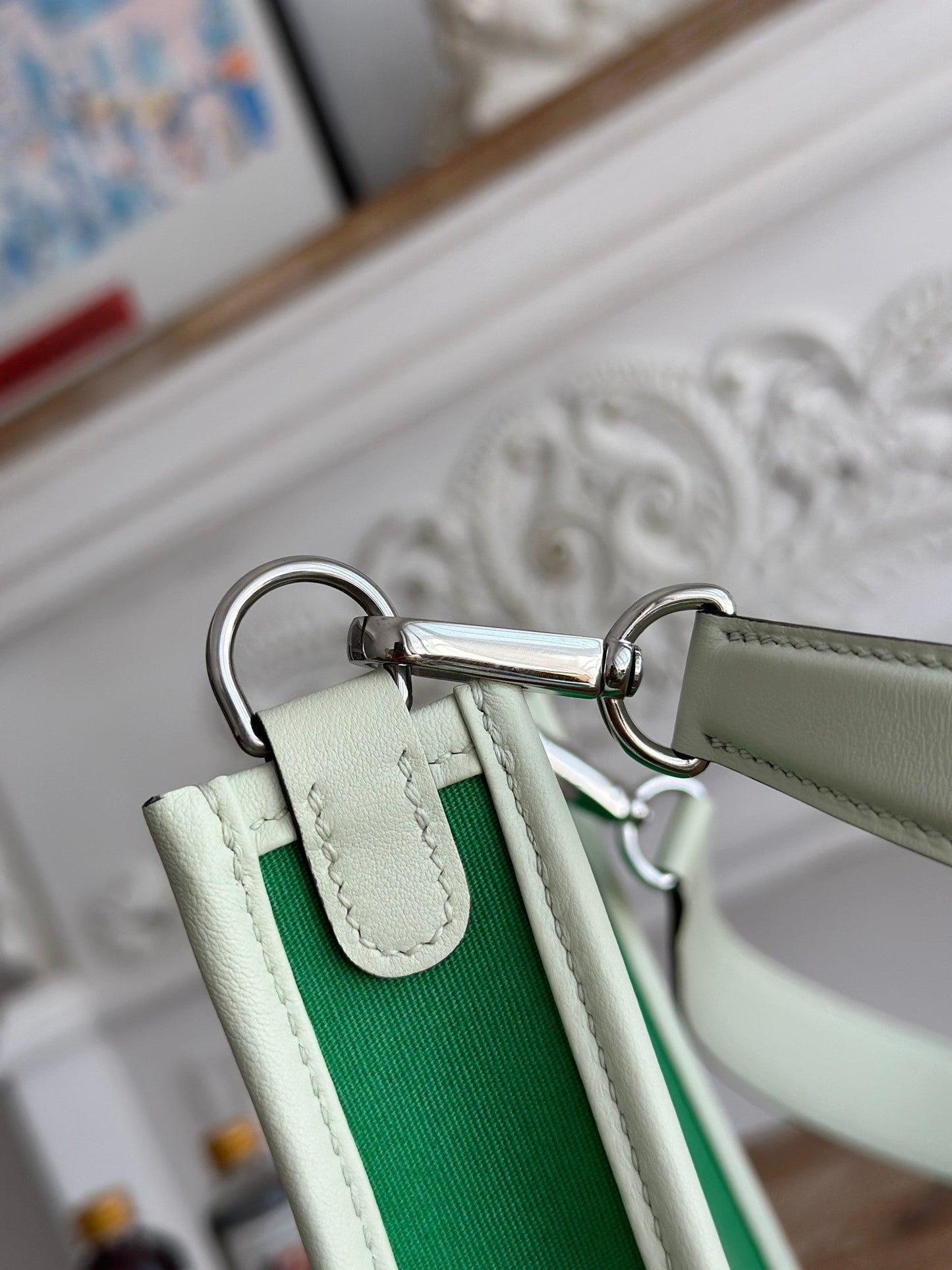 HERMES MINI NEO 17 EVELYNE BAG IN EMERALD GREEN CANVAS AND WHITE CALFSKIN