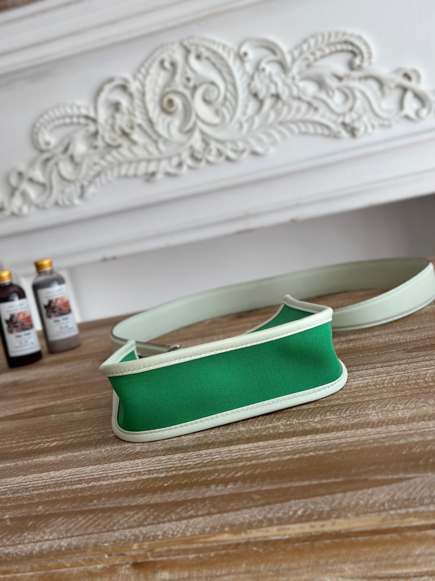 HERMES MINI NEO 17 EVELYNE BAG IN EMERALD GREEN CANVAS AND WHITE CALFSKIN