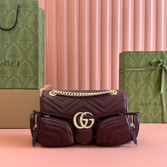 GUCCI MARMONT SMALL MULTI-POCKET BAG 25 IN CURRANT RED CALFSKIN GOLD HARDWARE