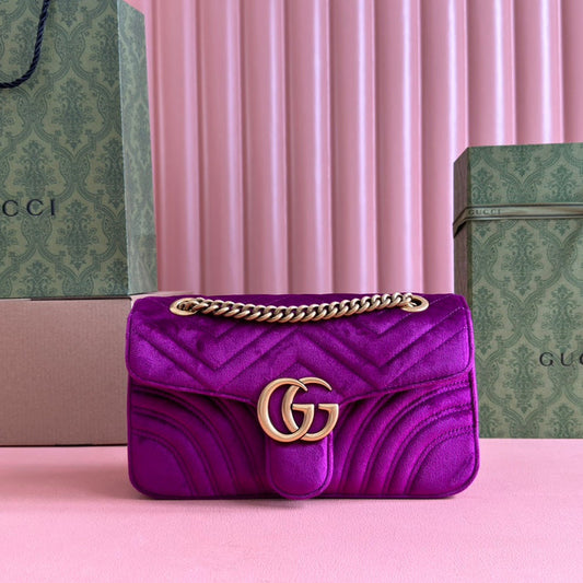 GUCCI 25S  MARMONT 26 CM IN DEEP PINK PURPLE VELVET WITH GOLD HARDWARE