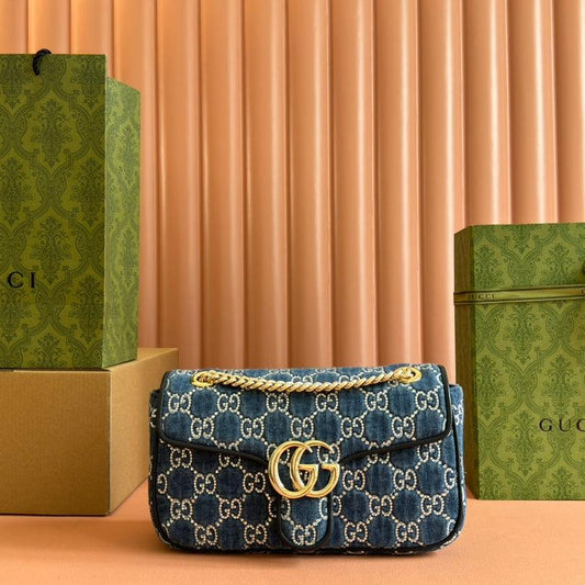 GUCCI MARMONT SHOULDER BAG 26 IN BLUE DENIM WITH DOUBLE G CRYSTAL PATTERN GOLD HARDWARE