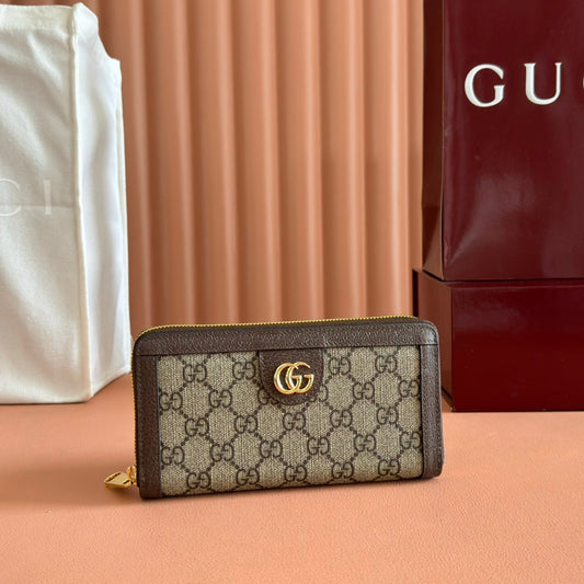GUCCI OPHIDIA WALLET 19 IN BEIGE AND DARK BROWN COATED FABRIC AND CALFSKIN