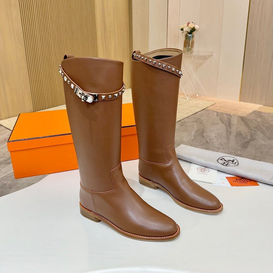 HERMES 25S KNEE-HIGH FLAT BOOTS IN BROWN LAMBSKIN WITH SILVER HARDWARE