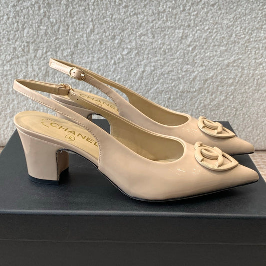 CHANEL MID-HEEL SLINGBACKS IN BISQUE BEIGE PATENT CALFSKIN