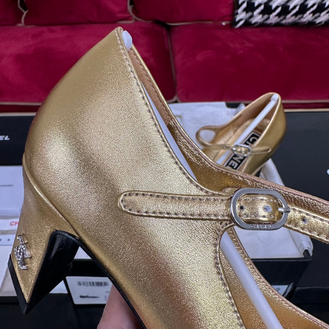 CHANEL HIGH MARY JANE IN GOLDEN CALFSKIN AND BLACK SATIN