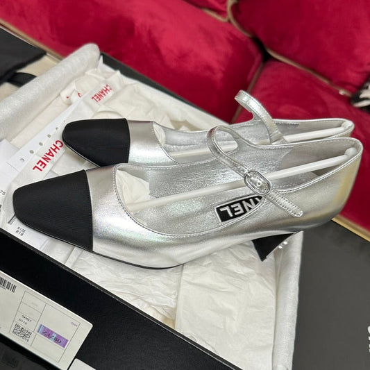 CHANEL HIGH MARY JANE IN SILVER CALFSKIN AND BLACK SATIN