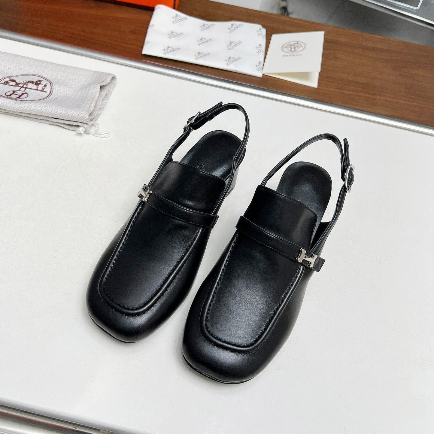 HERMES SQUARE TOE SLINGBACK BLACK CALFSKIN