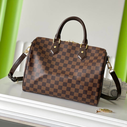 LOUIS VUITTON SPEEDY BANDOLIÈRE 30 IN DARK BROWN DAMIER EBENE CANVAS GOLD LOCK
