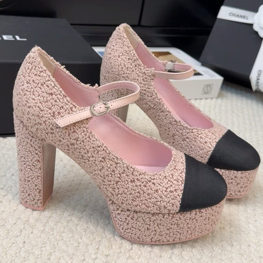 CHANEL FLATFORM SANDAL IN LIGHT PINK TWEED AND BLACK FABRIC