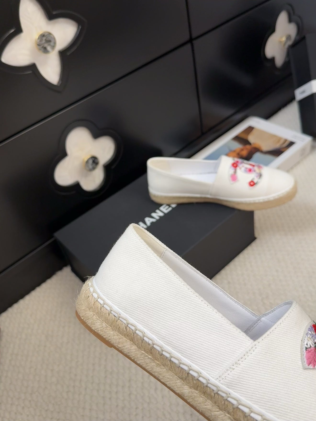 CHANEL LOAFER IN WHITE CANVAS WITH COLORFUL LOGO