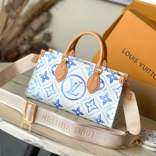 LOUIS VUITTON ONTHEGO EAST WEST 25 IN LAGOON BLUE MONOGRAM TILES CANVAS