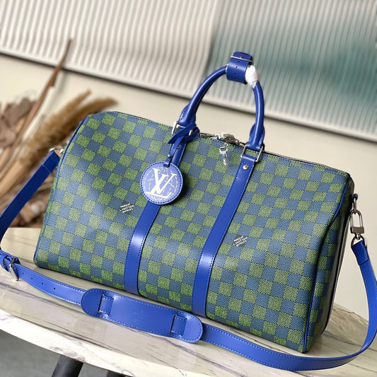 LOUIS VUITTON KEEPALL BANDOULIÈRE 45 IN BLUE GREEN DAMIER HERITAGE COATED CANVAS