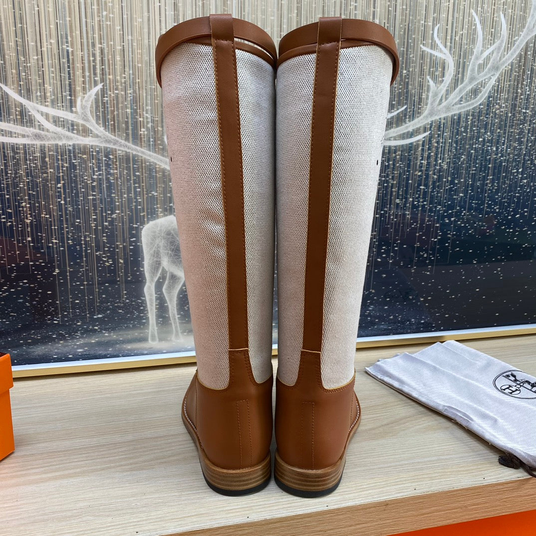 HERMES KNEE HIGH BOOTS IN BRONZE BROWN CALFSKIN AND WHITE FABRIC