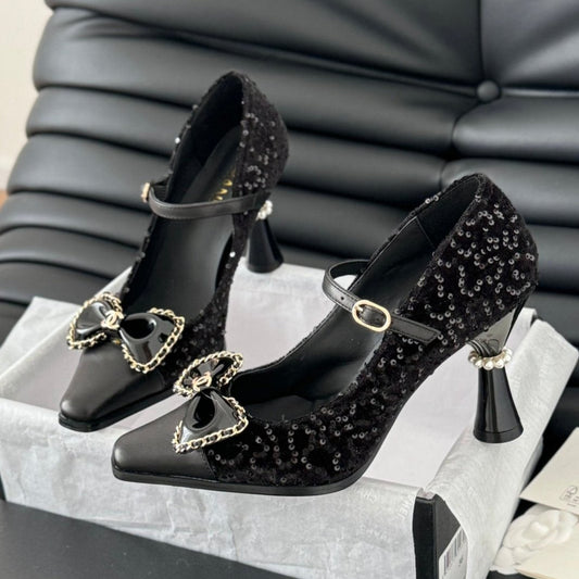 CHANEL POINTED TOE HIGH HEELS IN BLACK VELVET AND LAMBSKIN GOLD HARDWARE