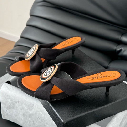 CHANEL BLACK FABRIC  SLIDE SANDALS