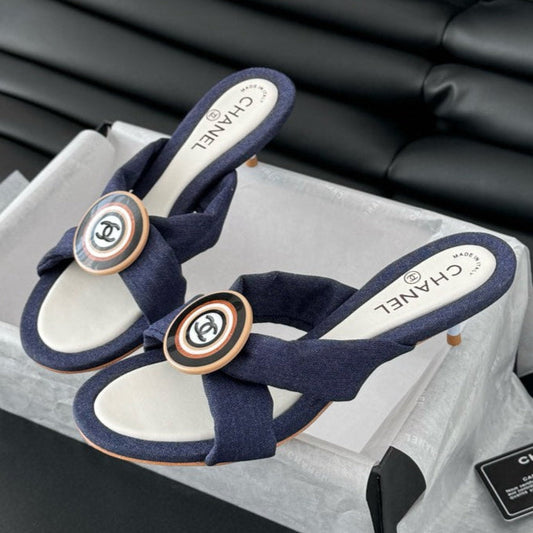 CHANEL NAVY BLUE FABRIC  SLIDE SANDALS