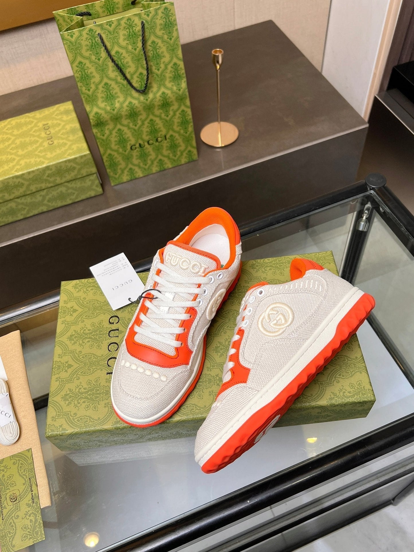 GUCCI MAC80 TRAINER CREAMY WHITE AND ORANGE CALFSKIN