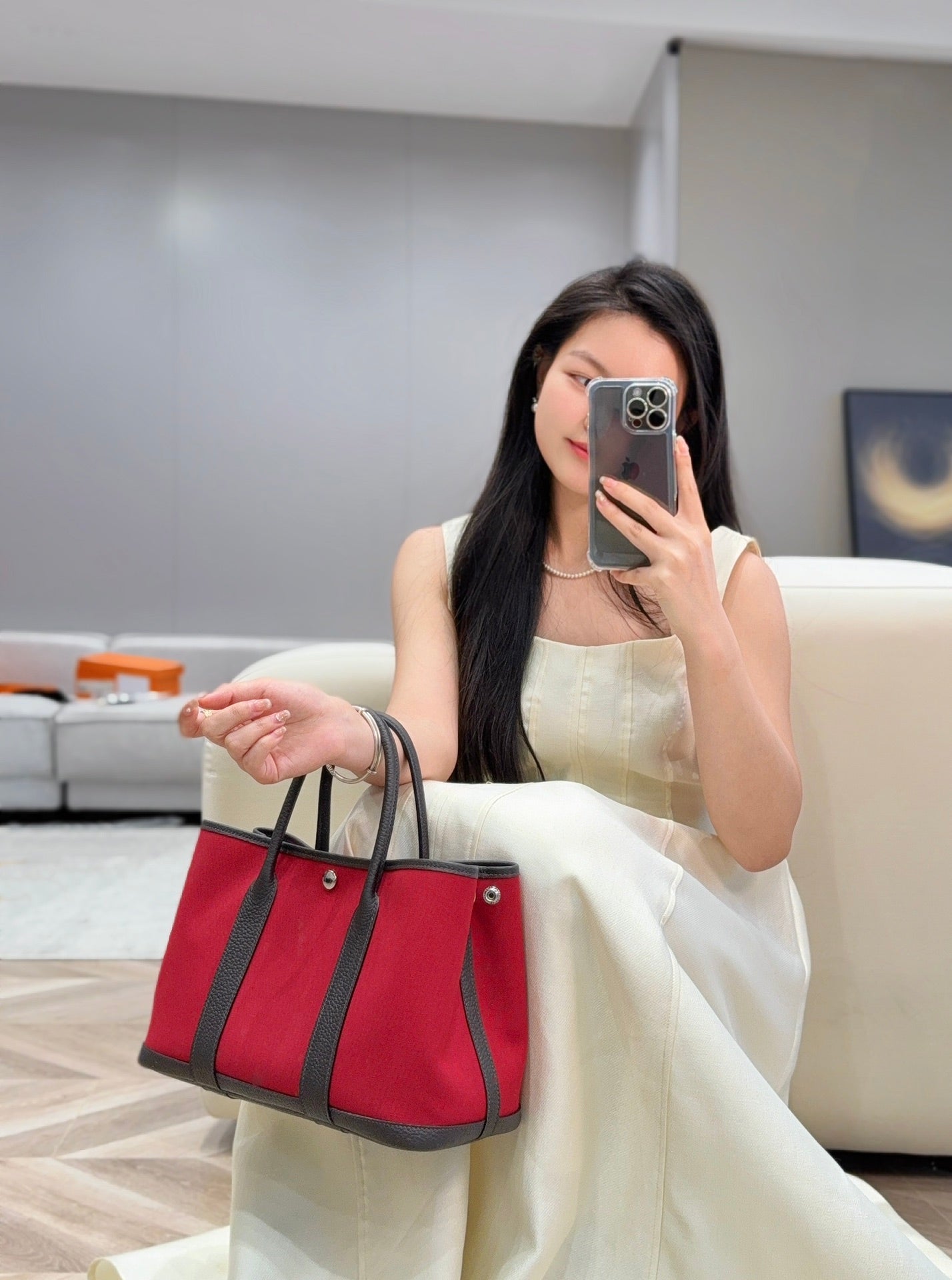 HERMES GARDEN PARTY 30CM IN RED TOILETS COTTON CANVAS AND DARK BROWN CALFSKIN PINK ON SIDE OTHER