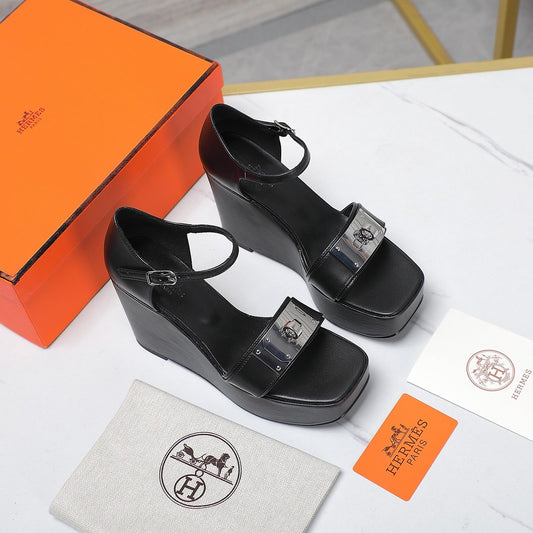 HERMES WEDGES SANDALS BLACK LAMBSKIN