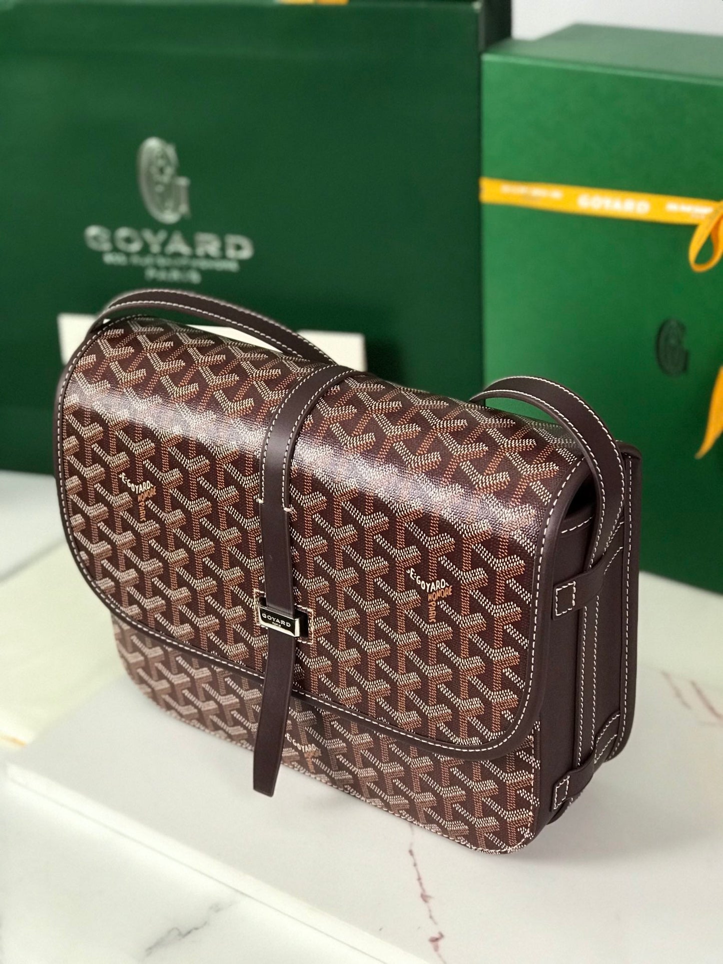 BELVEDERE MM BAG 28 IN BROWN GOYARDINE CANVAS AND CALFSKIN