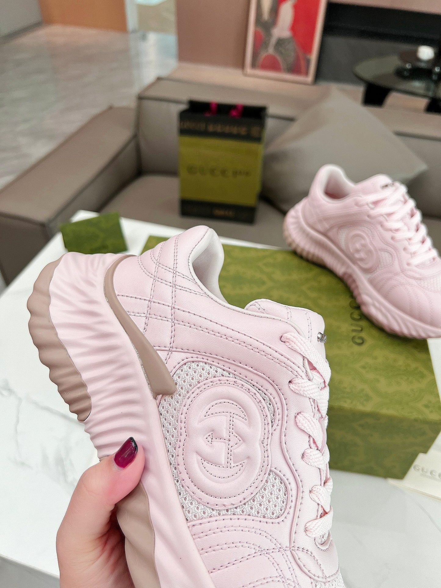 GUCCI RIPPLE TRAINER LIGHT PASTEL PINK LAMBSKIN