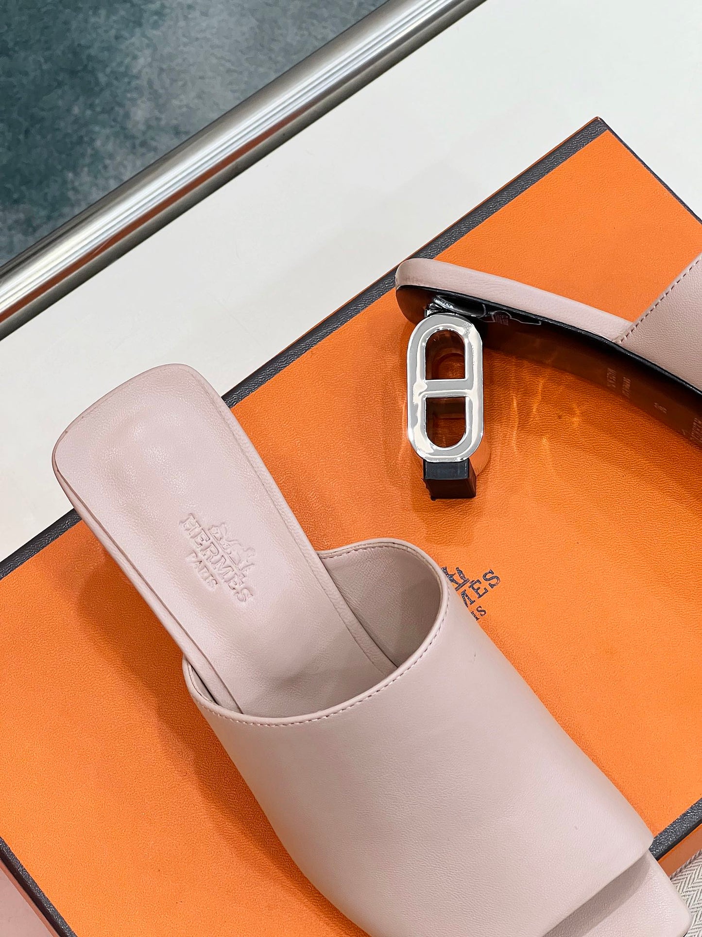 HERMES ICONIQUE 60 SANDAL IN BABY PINK CALFSKIN