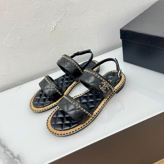 CHANEL DOUBLE STRAPS SANDALS IN BLACK LAMBSKIN