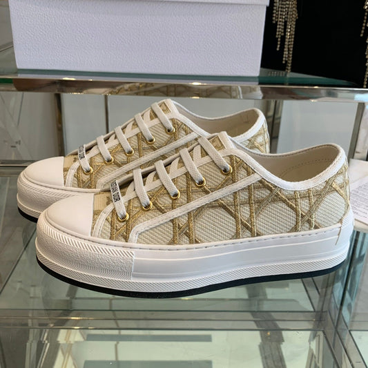 DIOR WALK'N PLATFORM SNEAKER IN BEIGE-GOLD TONE EMBROIDERED FABRIC
