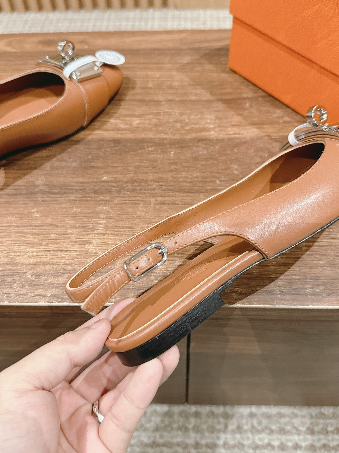 HERMES Innocente Slingback Suede Goatskin Brown