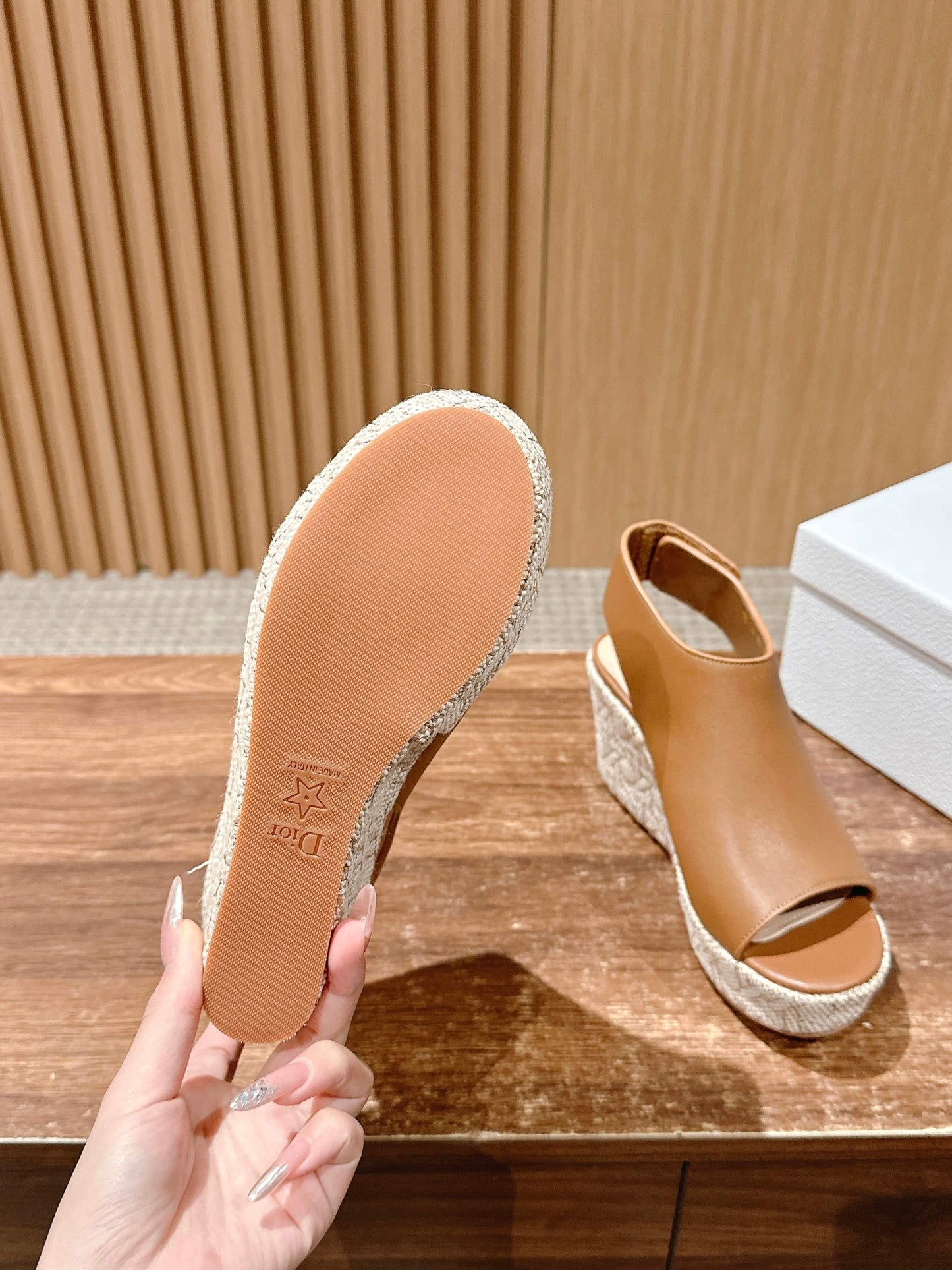 DIOR ATTITUDE WEDGE HIGH SLINGBACK 90MM IN BROWN CALFSKIN CANVAS SOLE